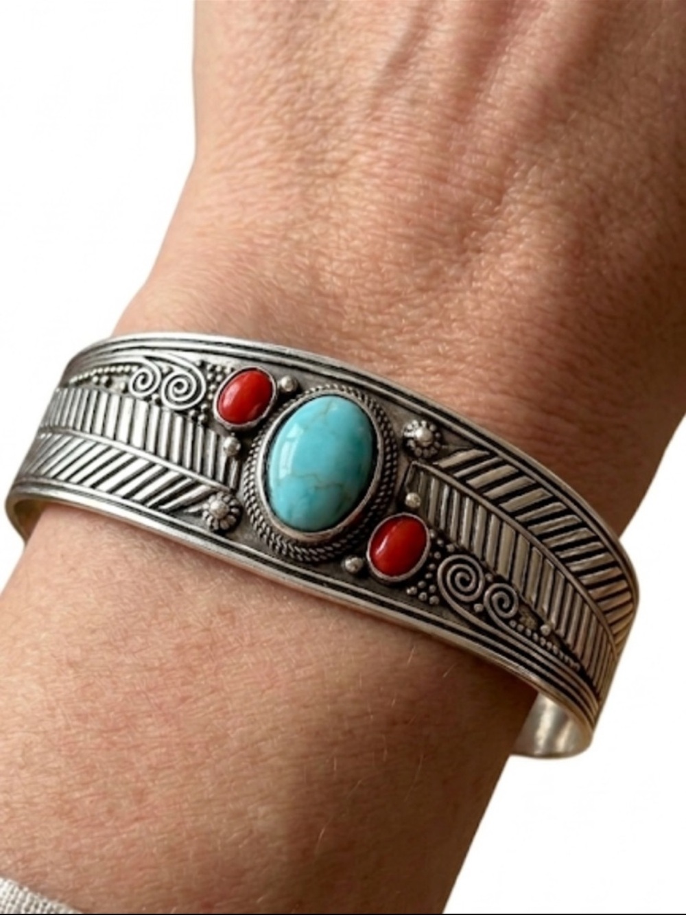 Turquoise Silver Cuff Bracelet Southwestern Red Coral Feather Stamp